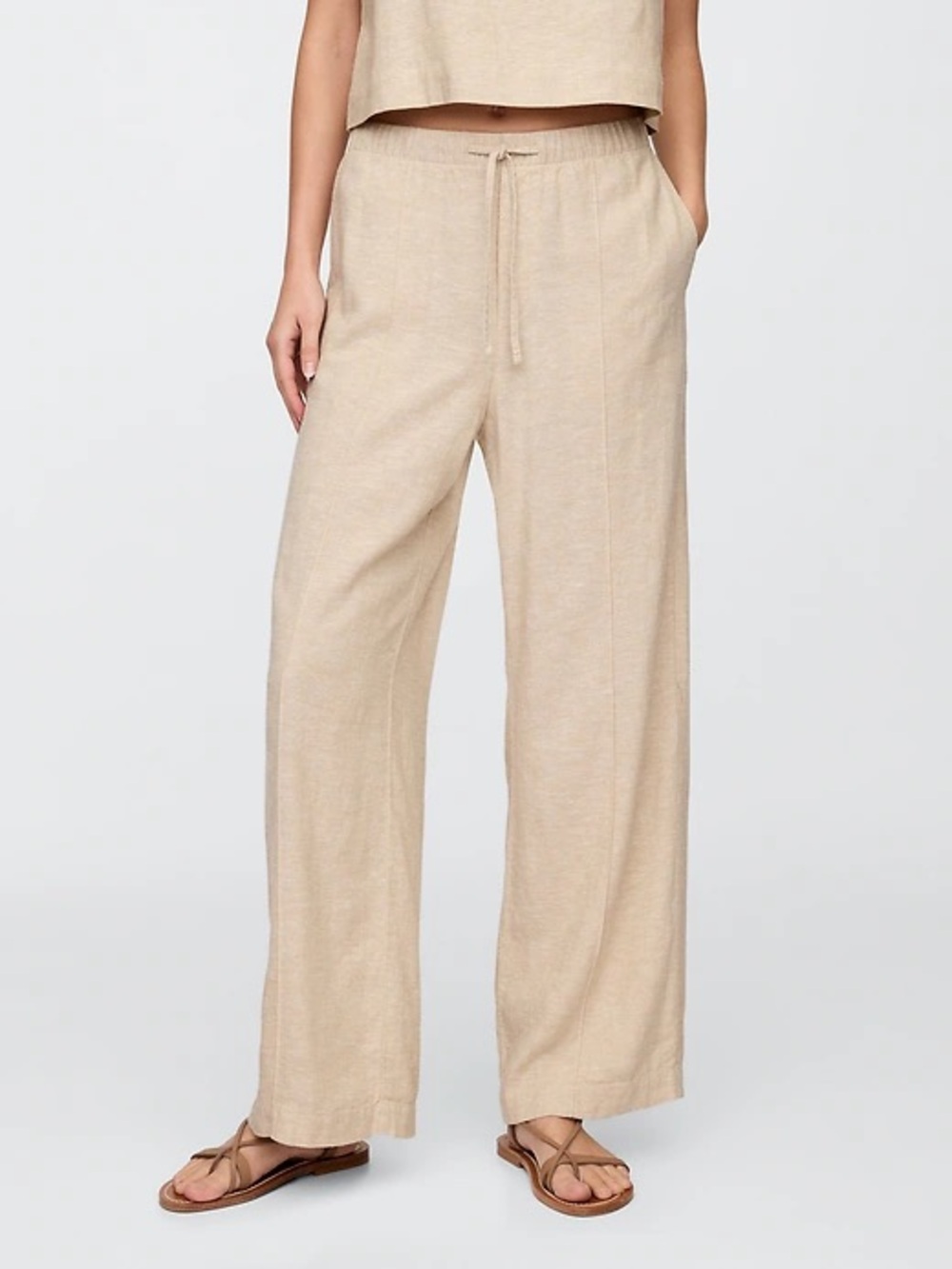 NWT GAP Linen Blend Wide Leg Pants Beige Drawstring Pull On Size L